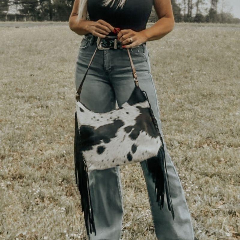 Cowhide Boho Purse with Fringe, Zipper Closure, and Leather Shoulder Strap, 11 by 14 Inches, Unique Cowhides, Elegant and Sophisticated Design