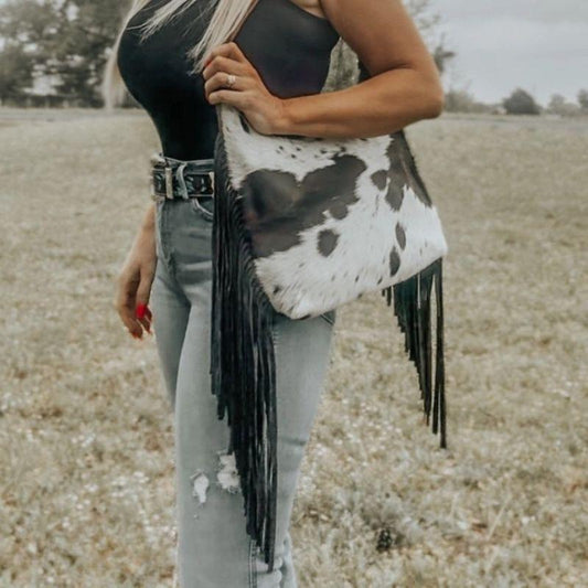 Cowhide Boho Purse with Fringe, Zipper Closure, and Leather Shoulder Strap, 11 by 14 Inches, Unique Cowhides, Elegant and Sophisticated Design