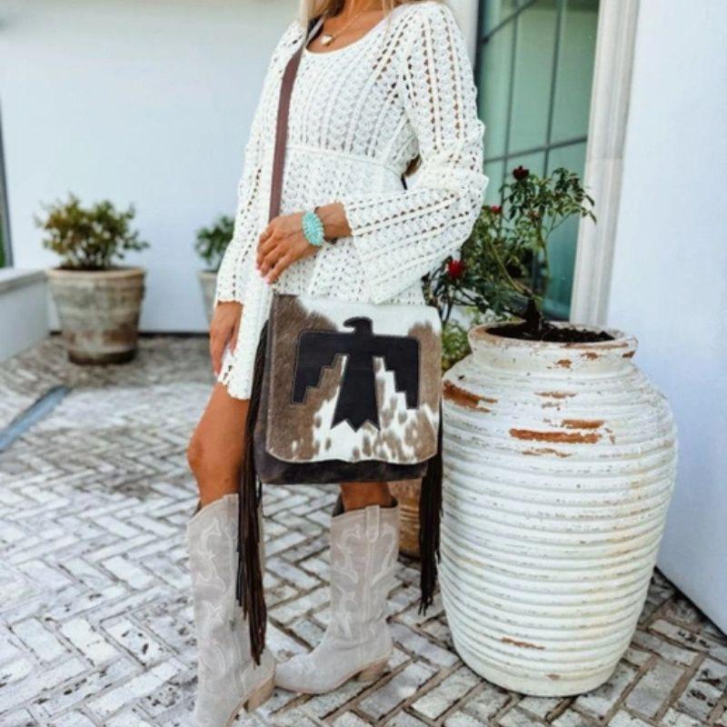 Thunderbird Crossbody Bag - Genuine Leather & Cowhide - Adjustable Strap - Magnetic Closure - Spacious Interior - Unique Cowhide Pattern - Perfect for Everyday Wear