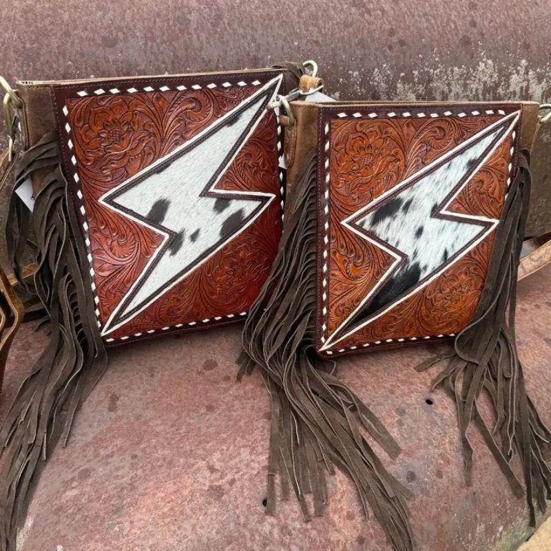 Lightning Bolt Tooled Leather and Hair on Bag - Cowhide with Side Fringes and Detachable Shoulder Strap - 10.5x9.5x2.5 Inches