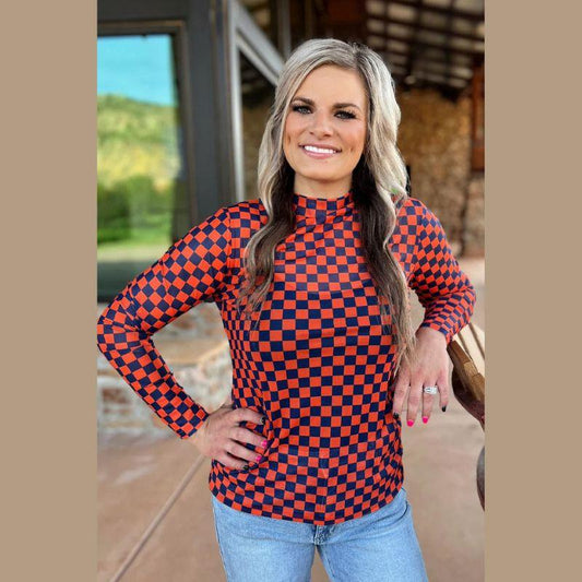 Blue Ridge Sunset Mesh Top - Bold Blue Orange Checkered Print Fitted Mesh Top for Womenswear Western Boutique Style with Statement Belt Buckle