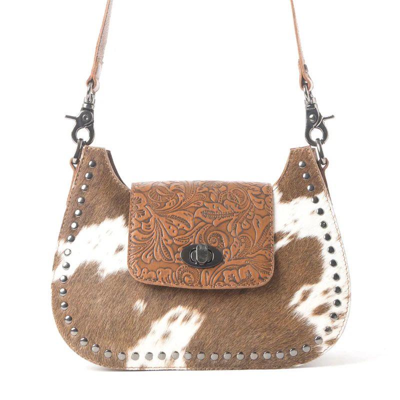 Myra Highland Ridge Leather Bag in Rustic Oak & Winter Mist - Hairon Leather, Hand-Tooled Flap, Studded Trim, Removable Strap, Western Style