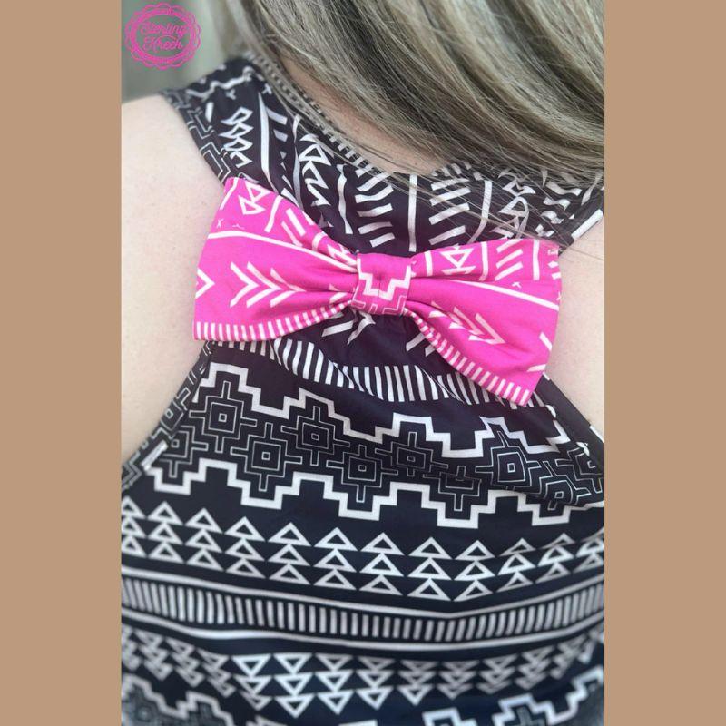 Summertime Tank Top - Black Tribal Print with Pink Pocket & Bow Detail - Lightweight Western Boutique Style for Summer Fun - Womenswear
