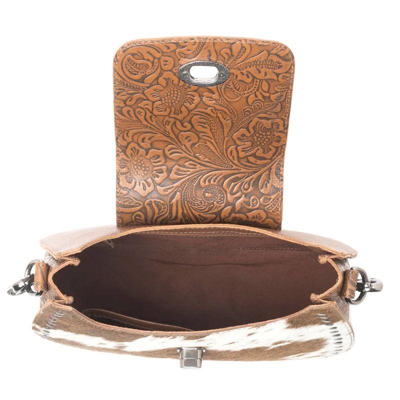 Myra Highland Ridge Leather Bag in Rustic Oak & Winter Mist - Hairon Leather, Hand-Tooled Flap, Studded Trim, Removable Strap, Western Style