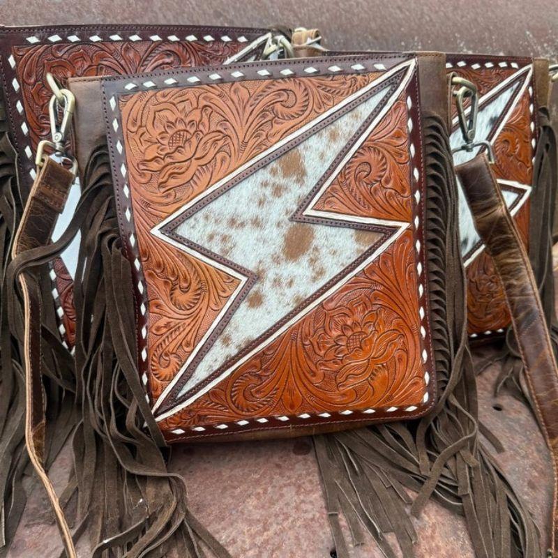 Lightning Bolt Tooled Leather and Hair on Bag - Cowhide with Side Fringes and Detachable Shoulder Strap - 10.5x9.5x2.5 Inches