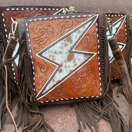 Lightning Bolt Tooled Leather and Hair on Bag - Cowhide with Side Fringes and Detachable Shoulder Strap - 10.5x9.5x2.5 Inches