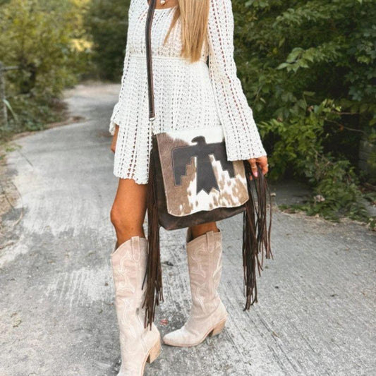 Thunderbird Crossbody Bag - Genuine Leather & Cowhide - Adjustable Strap - Magnetic Closure - Spacious Interior - Unique Cowhide Pattern - Perfect for Everyday Wear