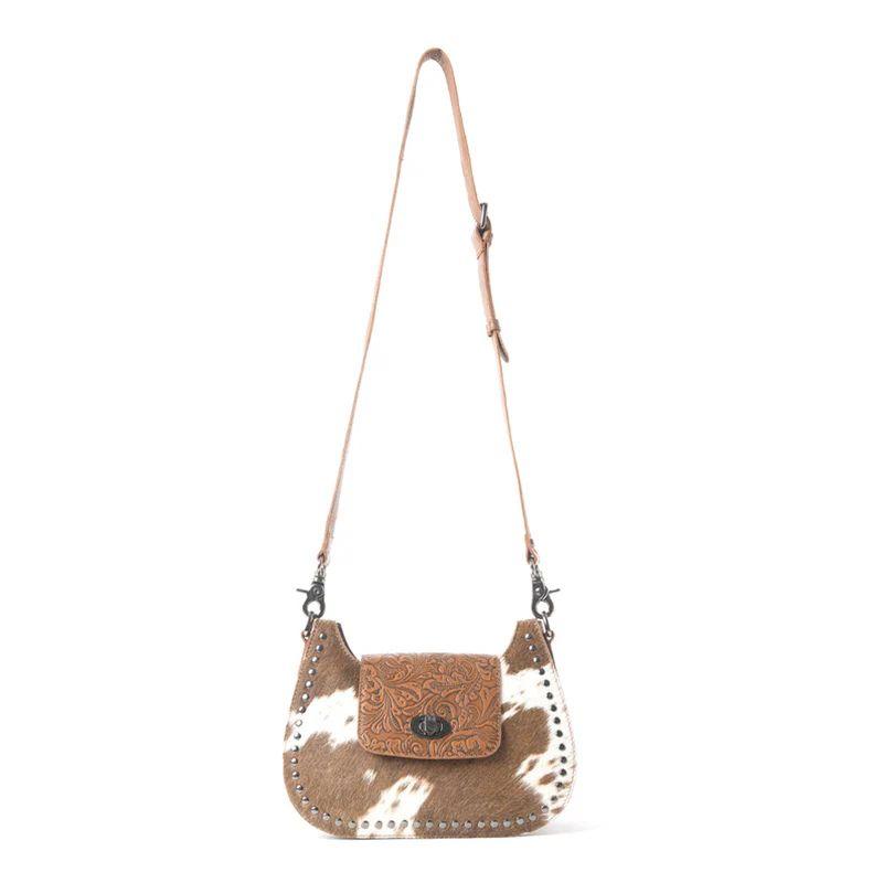 Myra Highland Ridge Leather Bag in Rustic Oak & Winter Mist - Hairon Leather, Hand-Tooled Flap, Studded Trim, Removable Strap, Western Style