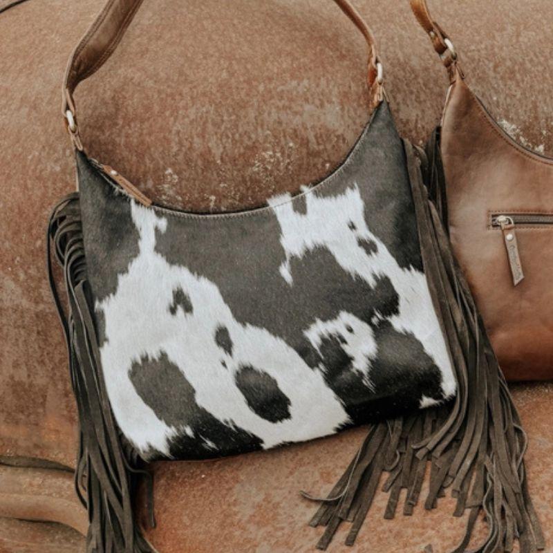 Cowhide Boho Purse with Fringe, Zipper Closure, and Leather Shoulder Strap, 11 by 14 Inches, Unique Cowhides, Elegant and Sophisticated Design
