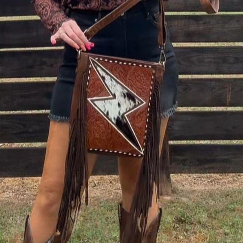 Lightning Bolt Tooled Leather and Hair on Bag - Cowhide with Side Fringes and Detachable Shoulder Strap - 10.5x9.5x2.5 Inches