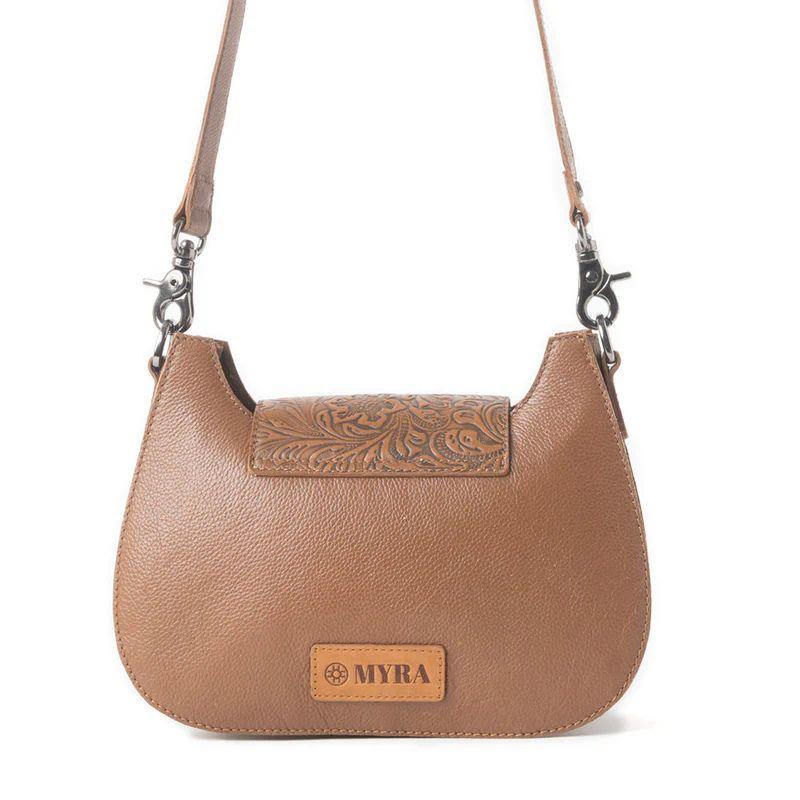 Myra Highland Ridge Leather Bag in Rustic Oak & Winter Mist - Hairon Leather, Hand-Tooled Flap, Studded Trim, Removable Strap, Western Style