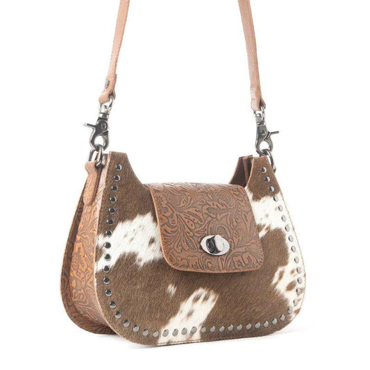 Myra Highland Ridge Leather Bag in Rustic Oak & Winter Mist - Hairon Leather, Hand-Tooled Flap, Studded Trim, Removable Strap, Western Style